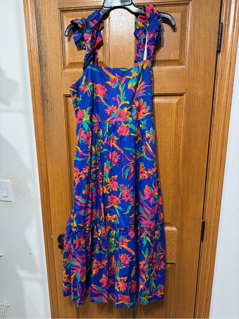 J. Crew Blue Floral Tiered Sundress with Pink and Green Accents